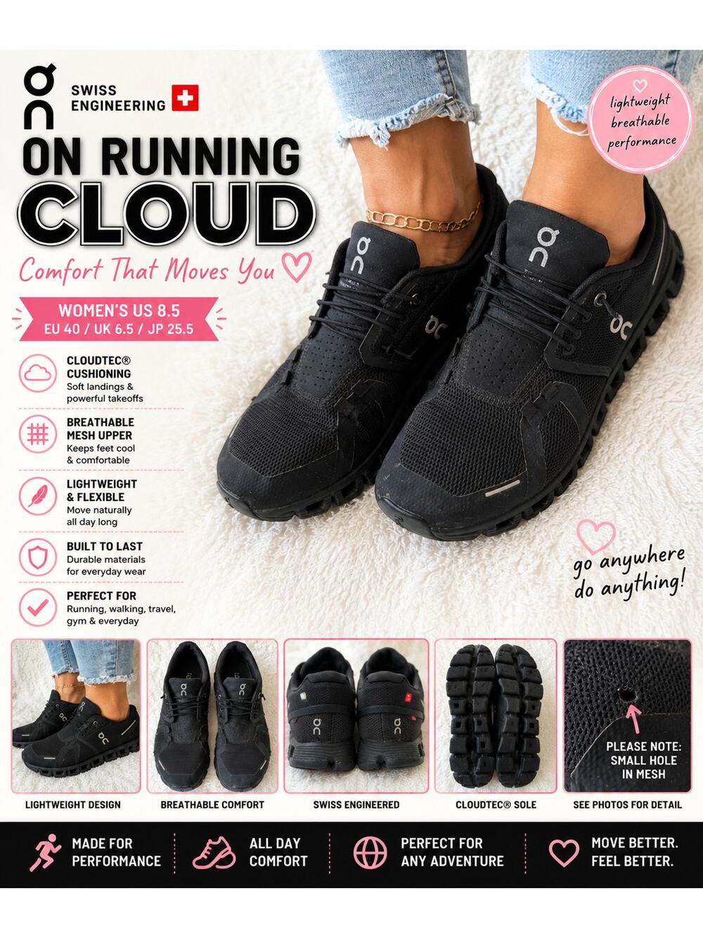 On Running Cloud Black Athletic Running Shoes Women 8.5 EU40 Swiss